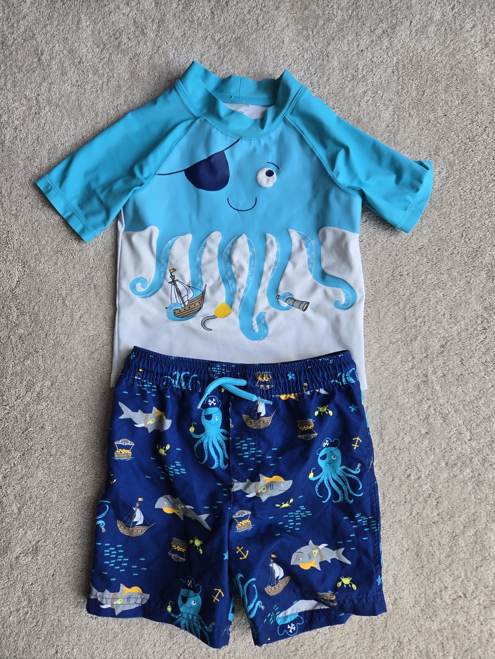 Kids Aqua Octopus Rashguard Swim Set - Blue/White